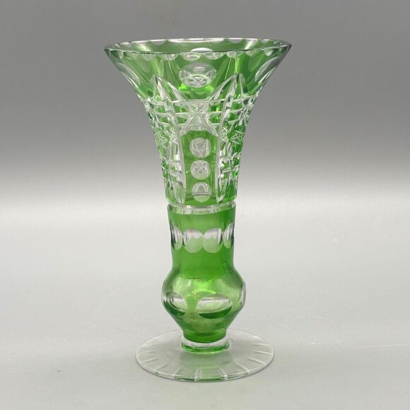 Vintage Emerald Green Cut-to-Clear Bohemian Crystal Vase Czech Overlay - Picture 1 of 10